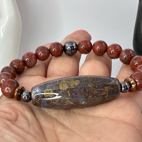 RED JASPER + OCEAN JASPER NATURAL STONES BRACELET size 7” - Picture 11 of 15